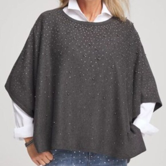 NWT Chico's Gorgeous Graphite Gray Faux- Pearl Cashmere Blend Poncho S/M - Picture 1 of 5